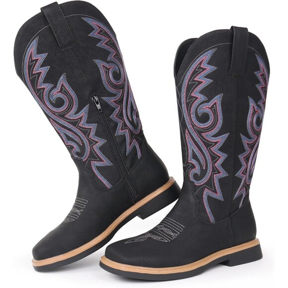 Women's Black Embroidered Square Toe Side Zipper Western Mid Calf Dress Boots - Picture 1 of 5
